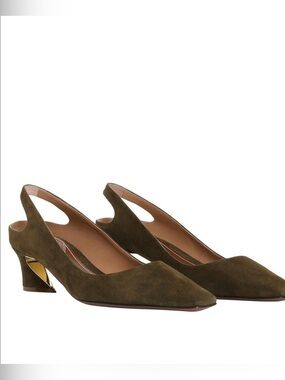 Zimmermann Crescent Olive Suede Slingback Mules Sculptural Kitten Heel